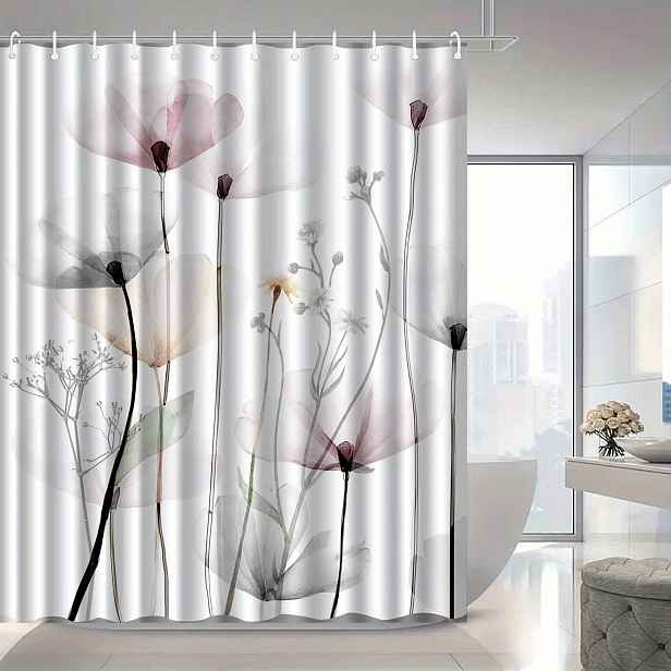 TEMU 1 ks Moderní minimalistická severská sprchová závěs s květinovým a rostlinným vzorem, Luxusní elegantní závěs do koupelny, Dekorační do koupelny