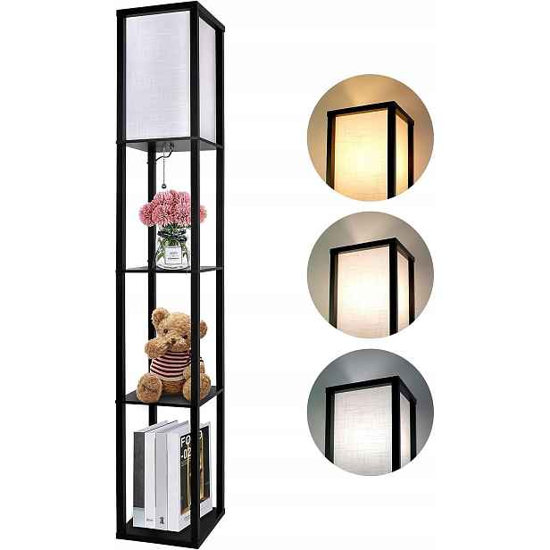 Stojací lampa Podlahová dřevěná police Led regál E27 černá 162 cm