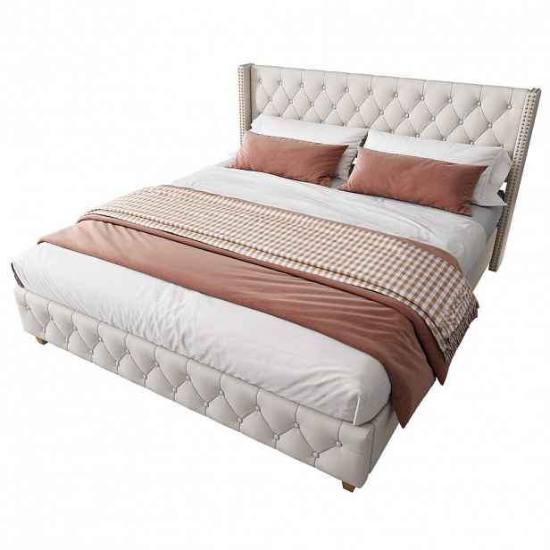 FLIEKS ČALOUNĚNÁ POSTEL 140x190 Béžová Len Nýty Knoflíky