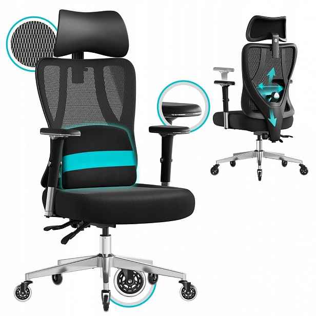 Kancelářské Křeslo Otočné ergonomické křeslo černé nastavitelné 2D opěrka hlavy