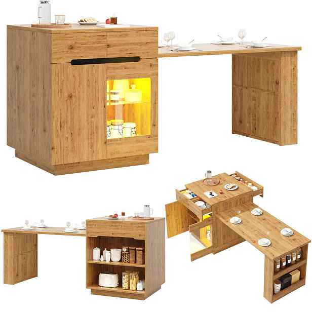 Redom KUCHYŇSKÝ ostrůvek 122-195/70/93,5 cm s výsuvnou deskou, LED osvětlením a úložným prostorem, Dřevěný
