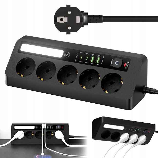 Prodlužovací Kabel Zásuvková Lišta Vypínač Černý 4 Usb 5 Zásuvek 1.8 m