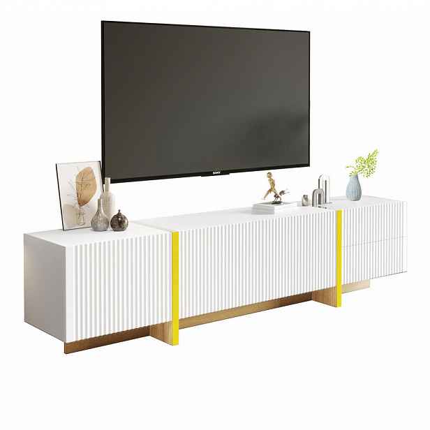 Redom TV stolek 190/35/45 cm s 2 zásuvkami a 3 dvířky, tiché zavírání a velký úložný prostor, Bílá/Zlatá