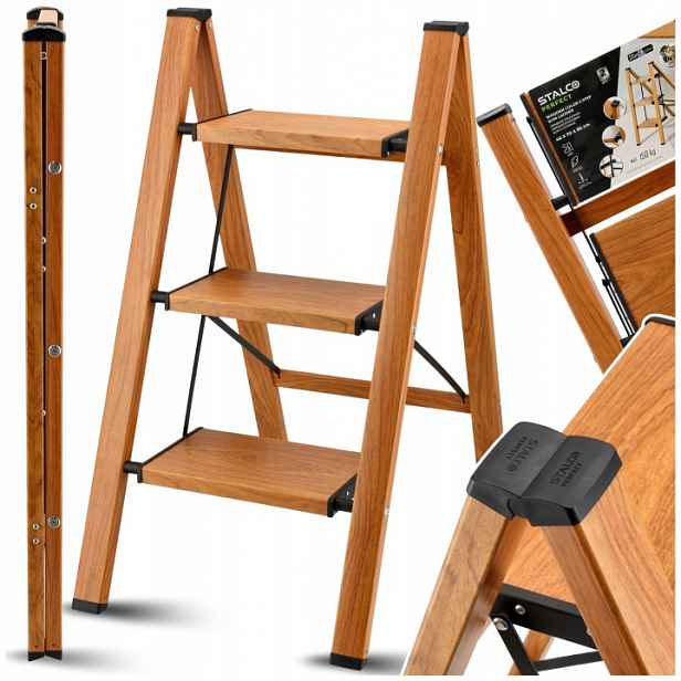 Skládací Dřevěný Žebřík 3-STUPŇOVÝ Lehký 150 kg Stalco Perfect