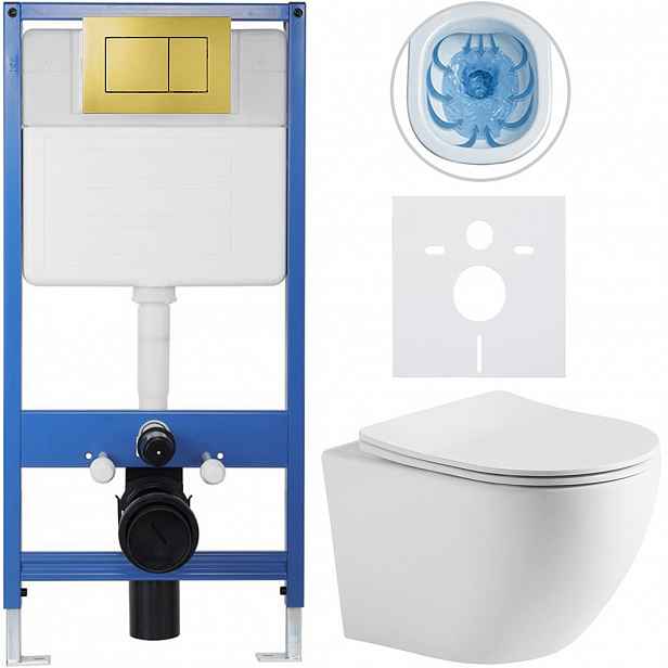 Kompletní WC set Profi/Cesso - bílá matná - WC tlačítko Classic/Zlatá - předstěnová instalace - 49x36 cm - 192779