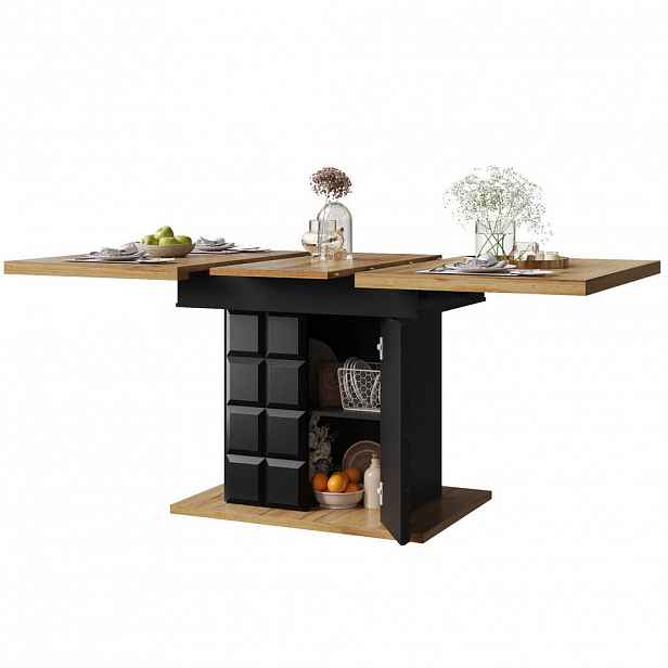 Redom JÍDELNÍ stůl 110-140/80 cm s oboustranným výsuvem, integrovaným úložným prostorem a stabilní konstrukcí, Černá / Přírodní