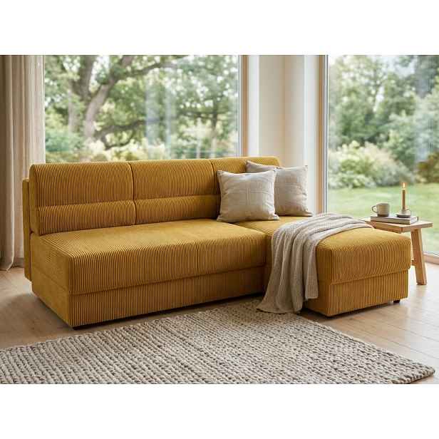 Rozkládací oboustranná sedací souprava do L TAVERO SLIM 201x140 cm, hořčicová