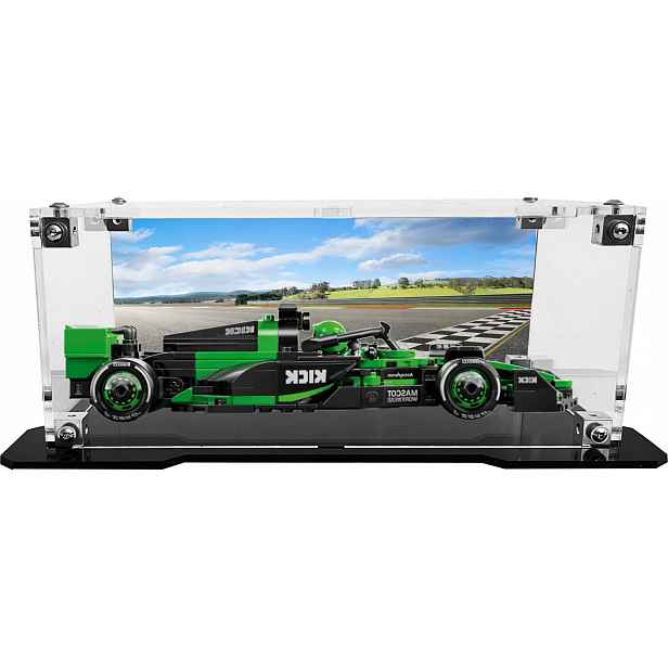 Vitrína s černou základnou a pozadím pro stavebnici Lego 77247 Formule F1 Kick Sauber