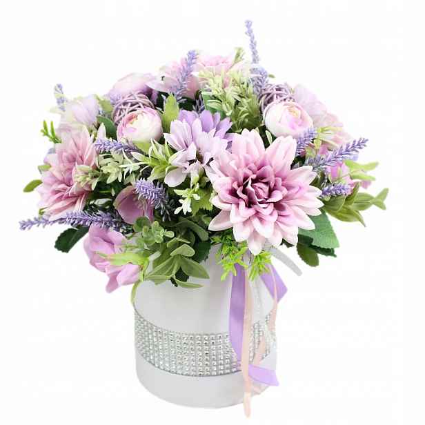 Květinová dekorace dárek flower box Fialová květinová krabička glamour