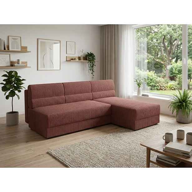 Rozkládací oboustranná sedací souprava do L TAVERO SLIM 201x140 cm, tmavě růžová