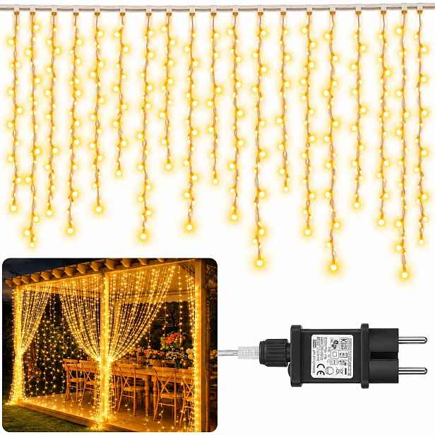 Světelný Závěs 6X3 M 600 Led Teplá Bílá 8 Režimů IP65 Vánoční