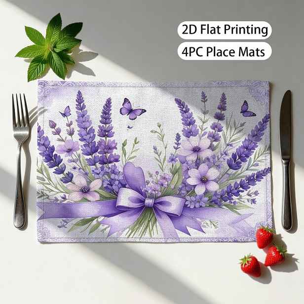 TEMU Sada 4 ks Garden Levandulová Kytice, Fialové Motýly & Krajka Grafické Podložky na Stůl Romantické Květinové Měkké Hravé 12 x 18 Palců (30 x )