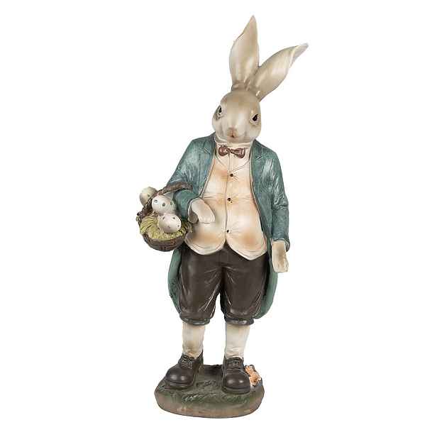 Dekorace králíček v modrém kabátě s košíkem vajíček - 17*10*38 cm Clayre & Eef