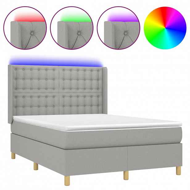 vidaXL Box spring postel s matrací a LED světle šedá 140x190 cm textil