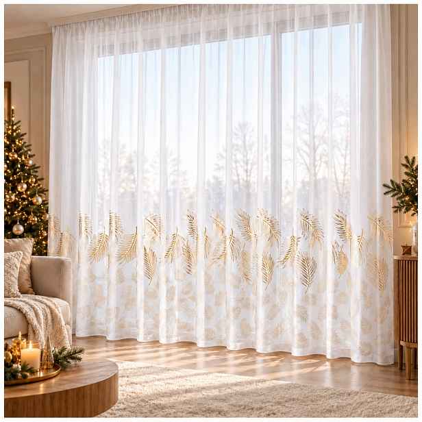 300x200 Hotová záclona bílá se zlatým vzorem závaží páska žabky tunel