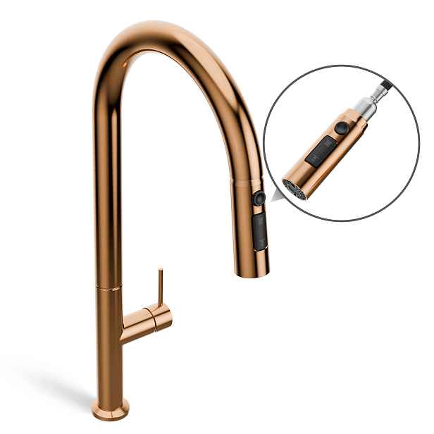 Kuchyňská Baterie Růžové Zlato 455 MM S Vytahovací Sprškou Otočným O 360°