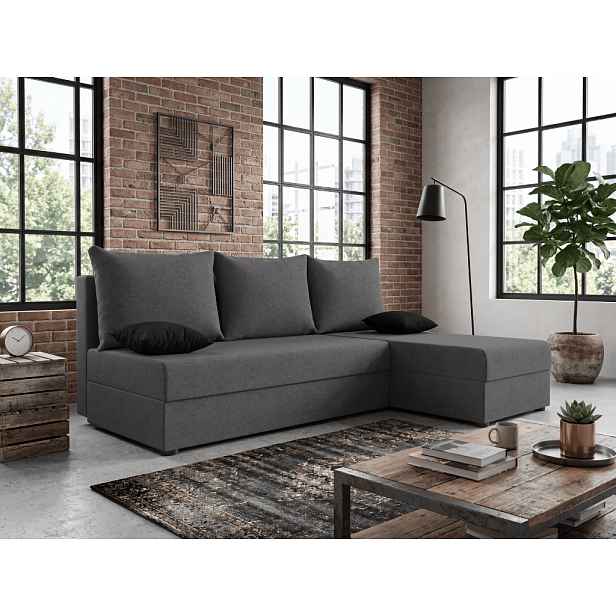 Rozkládací oboustranná sedací souprava do L VALERIO SLIM 200x140 cm, tmavě šedá + 2 polštářky ZDARMA