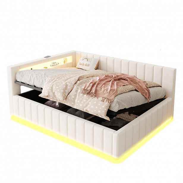 Modenvie ČALOUNĚNÁ postel 140/200 cm sametová béžová s LED, USB portem a úložným prostorem