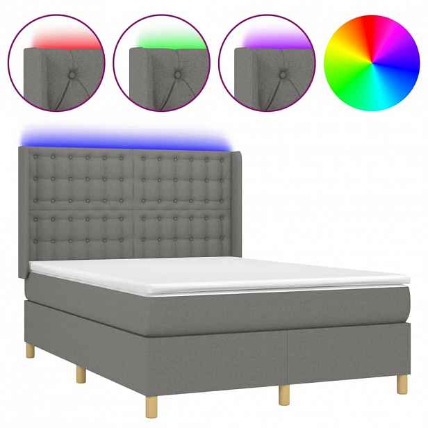 vidaXL Box spring postel s matrací a LED tmavě šedá 140x190 cm textil