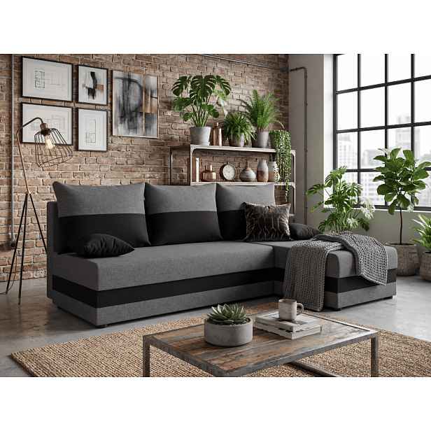 Rozkládací oboustranná sedací souprava do L VALERIO SLIM 200x140 cm, tmavě šedá/antracitová + 2 polštářky ZDARMA