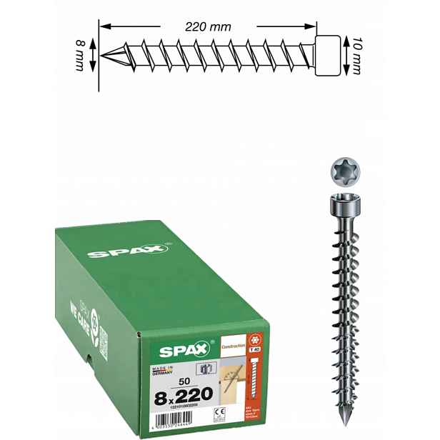 Šrouby Wirox pro konstrukci, plný závit, válec spax 8 x 220 mm, 50 ks