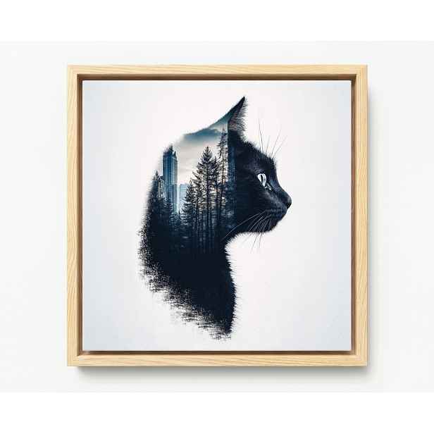 Obraz Rám Americká Krabička Grafika Černá Kočka Profil Město Les Stromy 60x60