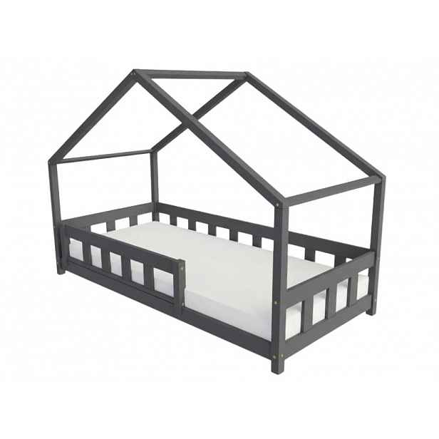 Benlemi Domečková postel PLOTTY s předním štítem Zvolte barvu: Tmavě šedá, Zvolte rozměr: 90x190 cm, Zvolte zábranu: S jednou zábranou