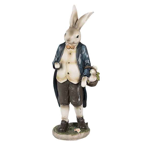 Dekorace králíček v modrém kabátě s košíkem vajíček - 9*7*25 cm Clayre & Eef