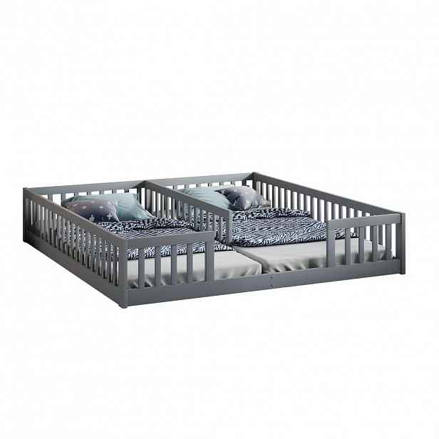 Redom DĚTSKÁ postel 90/200 cm se zábranou, z borovice a MDF, pro dvě děti, Šedá