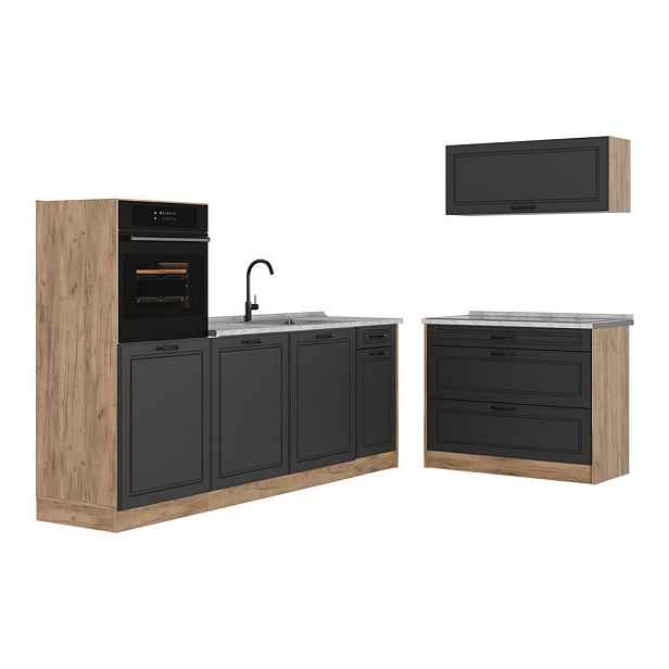 Vicco KUCHYŇSKÝ KOUT R-Line, Antracitový venkovský dům/Zlatý mocný dub, 220 cm pracovná doska Mramor