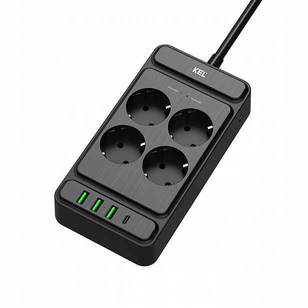Přepěťová lišta 4x zásuvka Schuko 3x Usb-a 1x Usb-c černá Plastrol