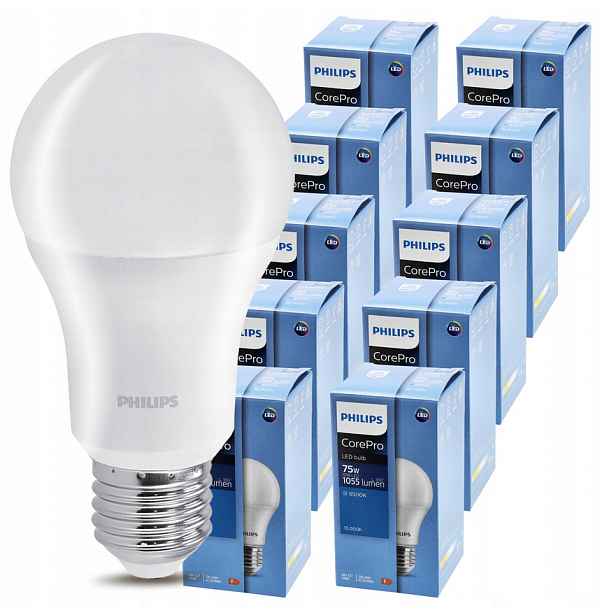 10 x Led žárovka E27 A60 Philips CorePro 10W 75W 4000K neutrální bílá