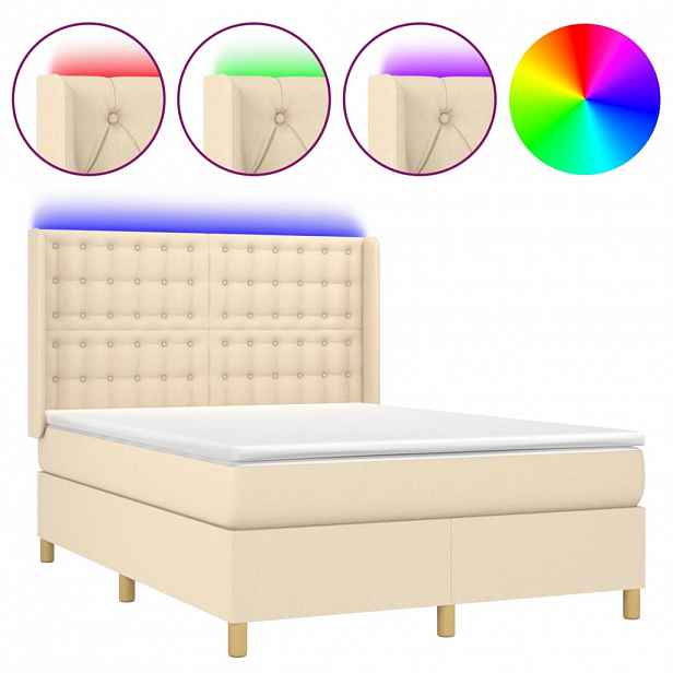 vidaXL Box spring postel s matrací a LED krémová 140x190 cm textil