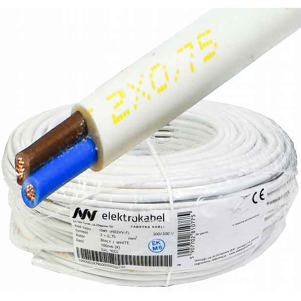 Kabel Omy 2x0,75 mm 300/300V Lanko Cu 100 m Bílý