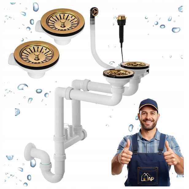 Nástěnný sifon na dřez s dvoukomorovým přepadem, zlatý, automatický