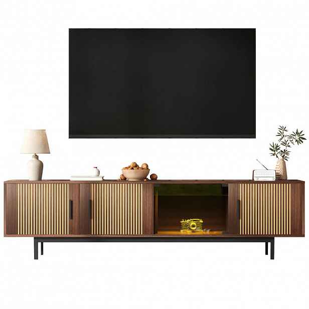 Redom TV stolek 200/35/53 cm s LED osvětlením, Bluetooth a aplikací, geometrickými dvířky a tvrzeným sklem, Černá/Barva ořechového dřeva