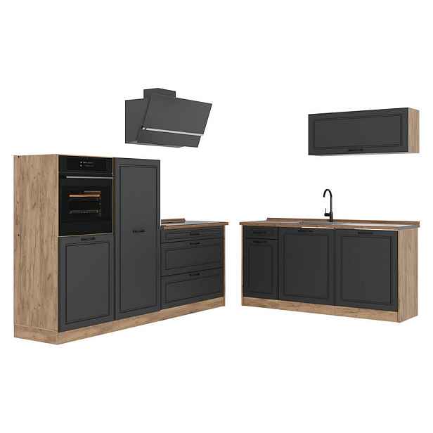 Vicco KUCHYŇSKÝ KOUT R-Line, Antracitový venkovský dům/Zlatý mocný dub, 220 cm pracovná doska Dub Goldkraft