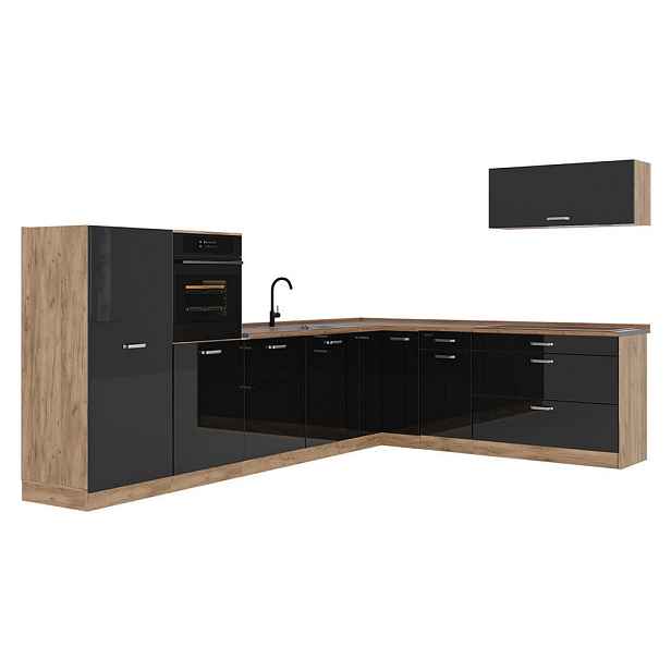 Vicco ROHOVÁ KUCHYŇ R-Line, Černý vysoký lesk/Zlatý mocný dub, 327 x cm pracovná doska Dub Goldkraft