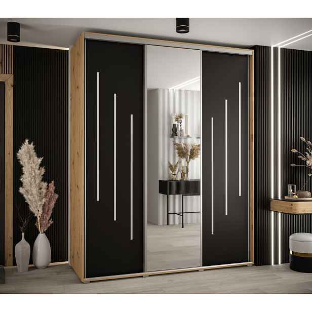 Šatní skříň YVONA 9 - 190/60 cm, dub artisan / černá / stříbrná