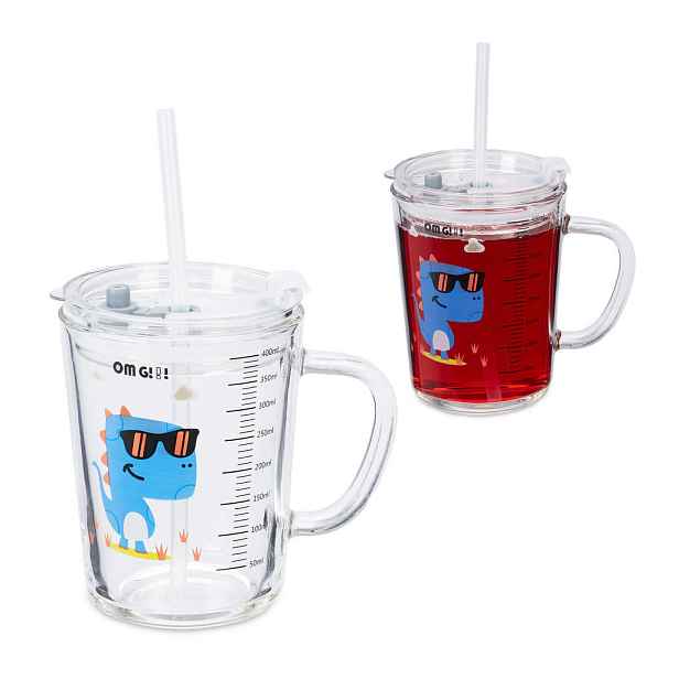 Relaxdays SKLENICE Transparentní Modrá 2-ks-Set dinosauří motiv 400 ml