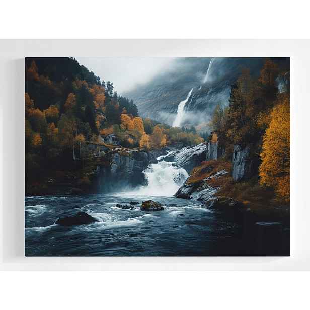 Plakát Krajina Podzim Les Hory Skály Vodopád Řeka 100x75