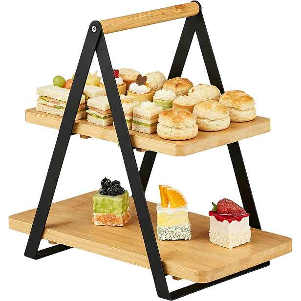 Podnos Bambusová 2patrová na dort Ovoce Snacky Sušenky Kov Stojan