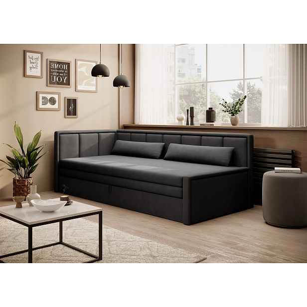 Rozkládací válenda s úložným prostorem 75x200 SLORA - tmavě šedá / černá, levé provedení
