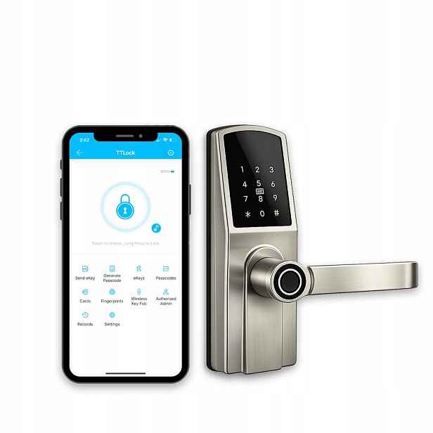 Smart Elektronický zámek Klika Otisk Pin Karta TTLock Bluetooth Stříbrná