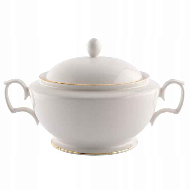 Porcelánová váza na polévku s víkem MariaPaula Klasika Ecru Zlatá linka 2,7 l