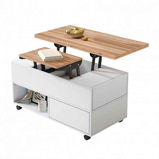 Redom KONFERENČNÍ stolek 100/50/52 cm s výsuvnou a výklopnou deskou, 4 zásuvkami, kolečky a úložným prostorem, Bílá + Dřevěná
