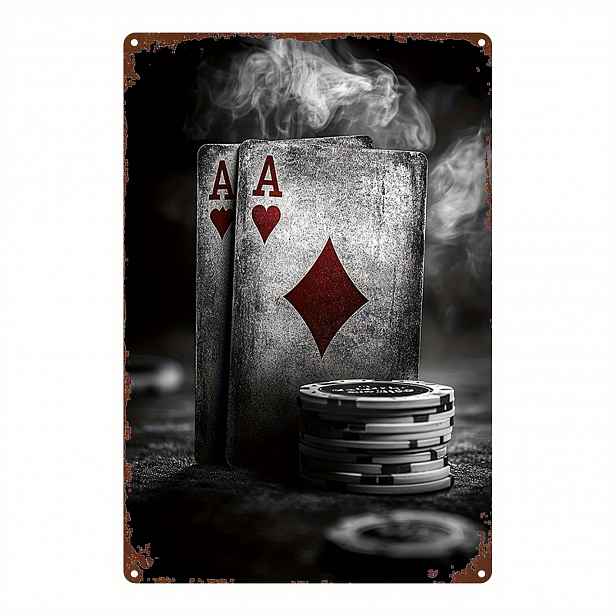 TEMU Vintage dekorace na pokerový stůl - Tematická kovová plaketa s Asemi piků, pokerovými žetóny a hracími kartami - Vyrobeno z robustní kovové