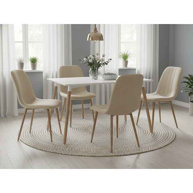 Jídelní set 1 + 4, bílý jídelní stůl ADRIA 120x80 cm + krémová sametová židle LAVA