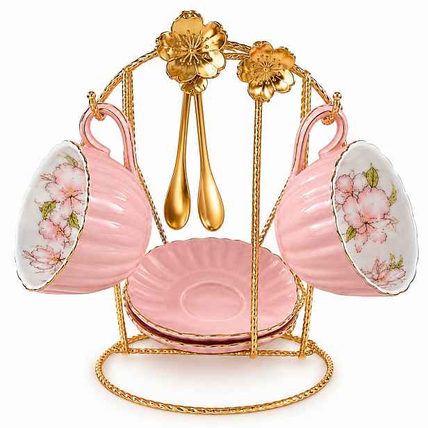 Ručně zdobený porcelánový set 2 šálků s podšálky růžového zlata