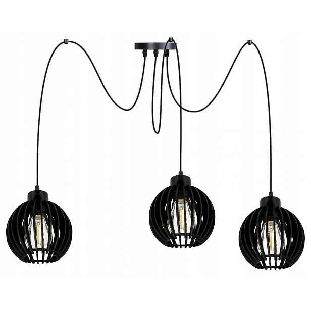 Černá závěsná stropní lampa Zwis Loft stínidlo dřevo 3x E27 Pavouk černá